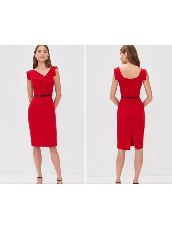 Black Halo Jackie O Belted Cocktail Sheath Dress Cherry Red Size 4